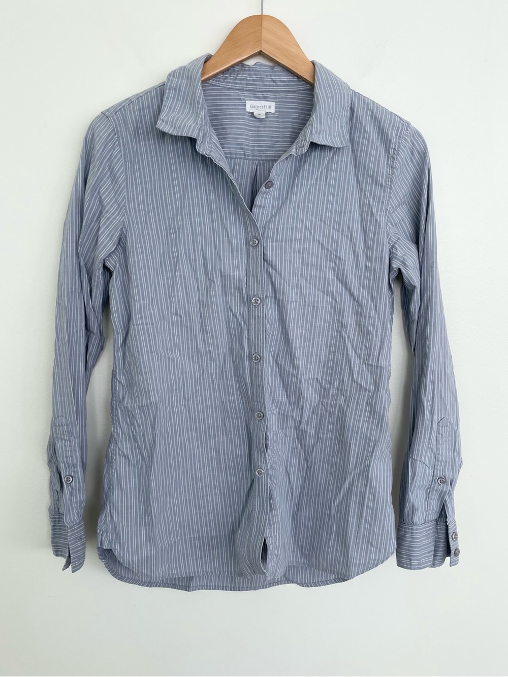 Garnet Hill Essential Organic-Cotton Shirt Pima Grey Blue Stripe Longsleeve Sz 6
